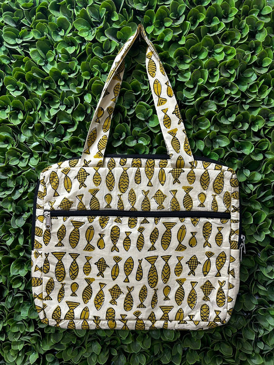 #241407 - Cream Fish Print Handmade Laptop Bag